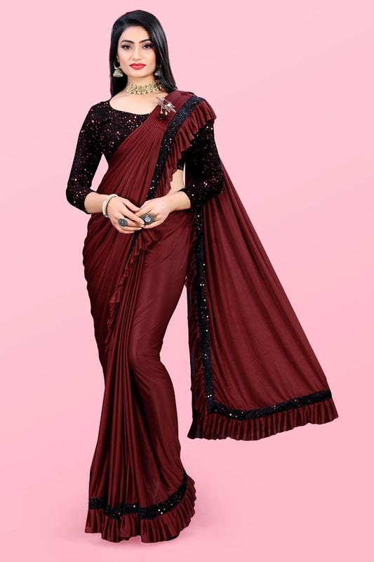 Lycra Blend Solid Saree for Women (Maroon, 6.3 m)